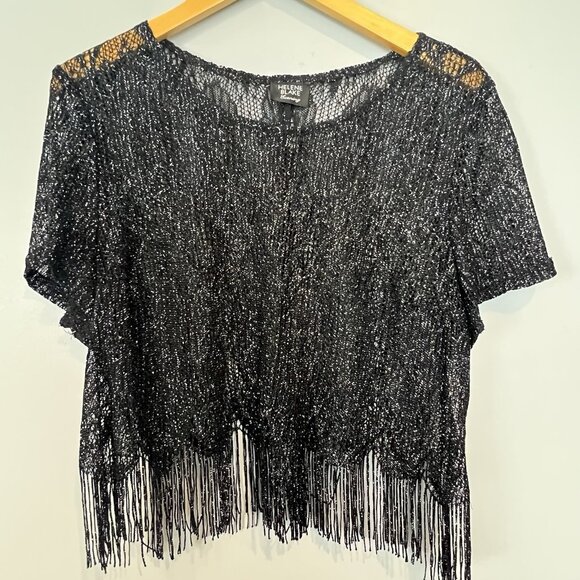 Women’s Large Black Navy Glitter Crochet Mesh Crop Top Short Sleeve Shirt - Picture 8 of 10